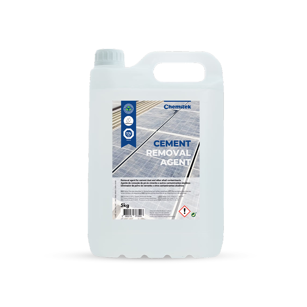 A white plastic bottle with a label that includes the text 'Cement Removal Agent', a description of the product, and branding details.