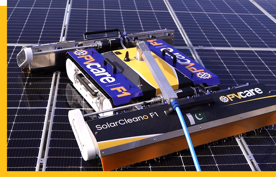 PVCARE Solar Cleaning Robot with solar panels on backgroud.
