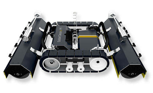 3D exploded‑view PNG of the PVCARE M1 mini solar panel cleaning robot, showing separated brush modules and central track assembly