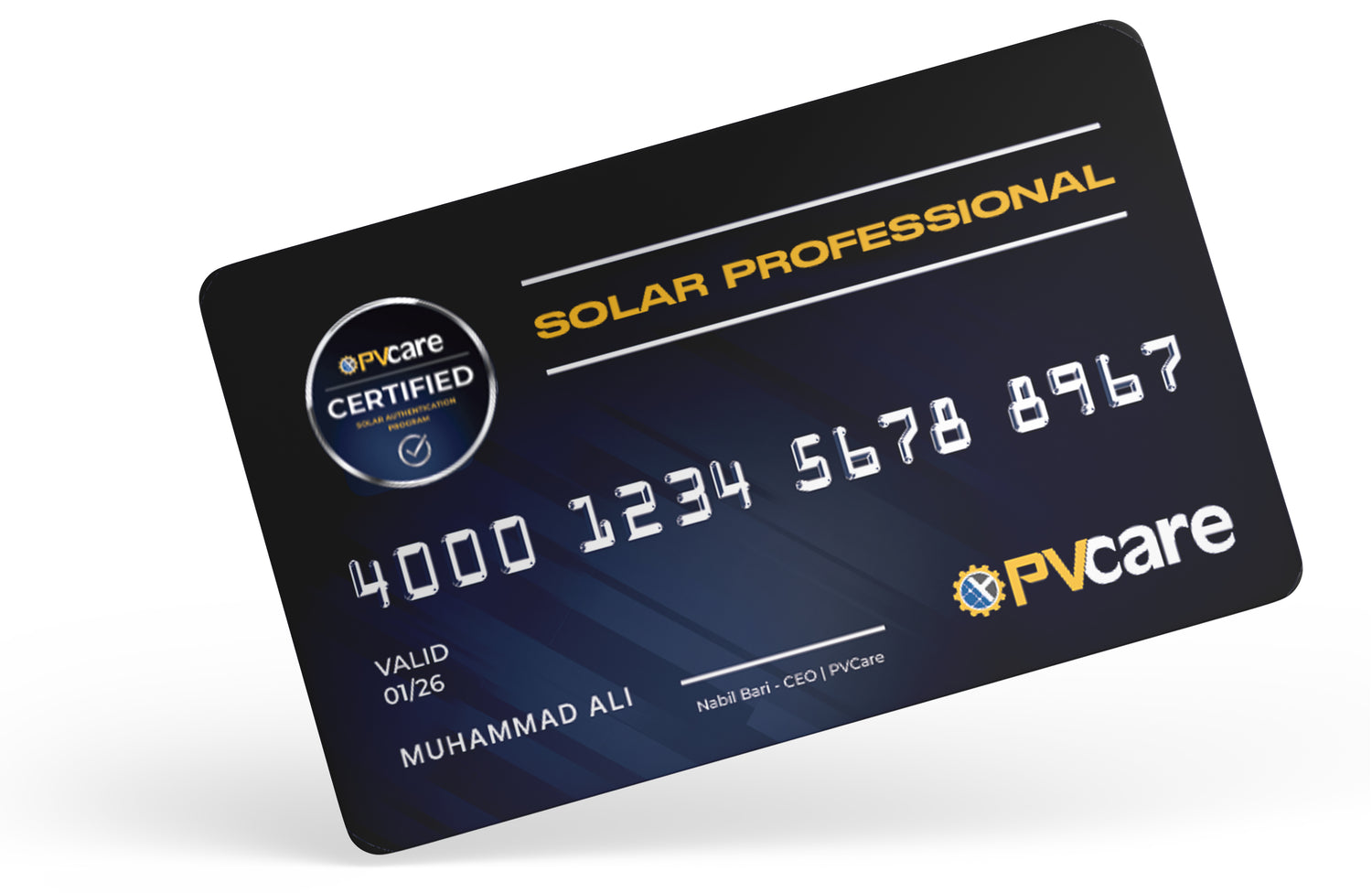 Solar Professional certification card with PVCare branding on a white background