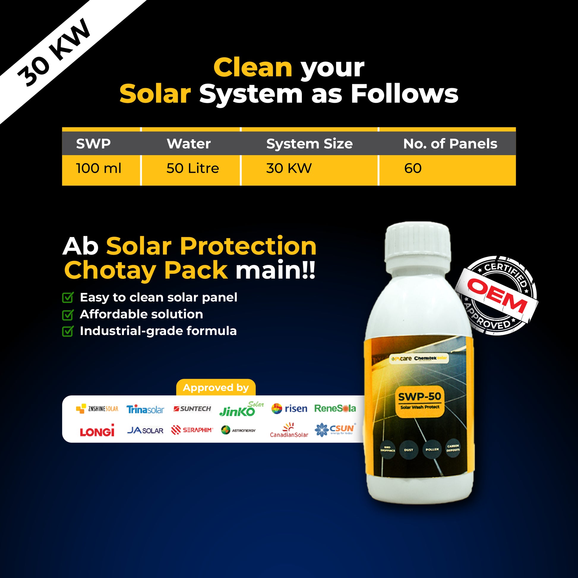 Solar system cleaning product with bottle and text on a dark background