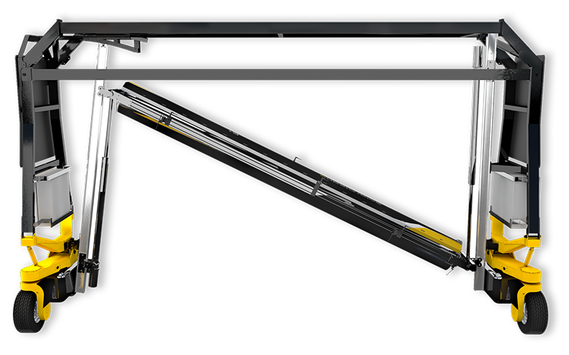 3D rendered PNG of the PVCARE SolarBridge B1 solar panel cleaning robot on white background, showcasing its long brush arm, tracked base, and remote cleaning system