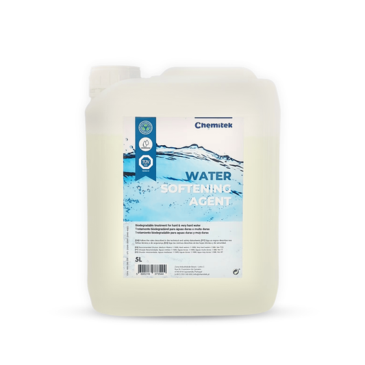 A white plastic container labeled 'Water Softening Agent' with blue and green label design elements.