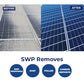 Side-by-side solar panels showing before (dirty) and after (clean) with text noting SWP removes dust, pollen, droppings, and carbon deposits