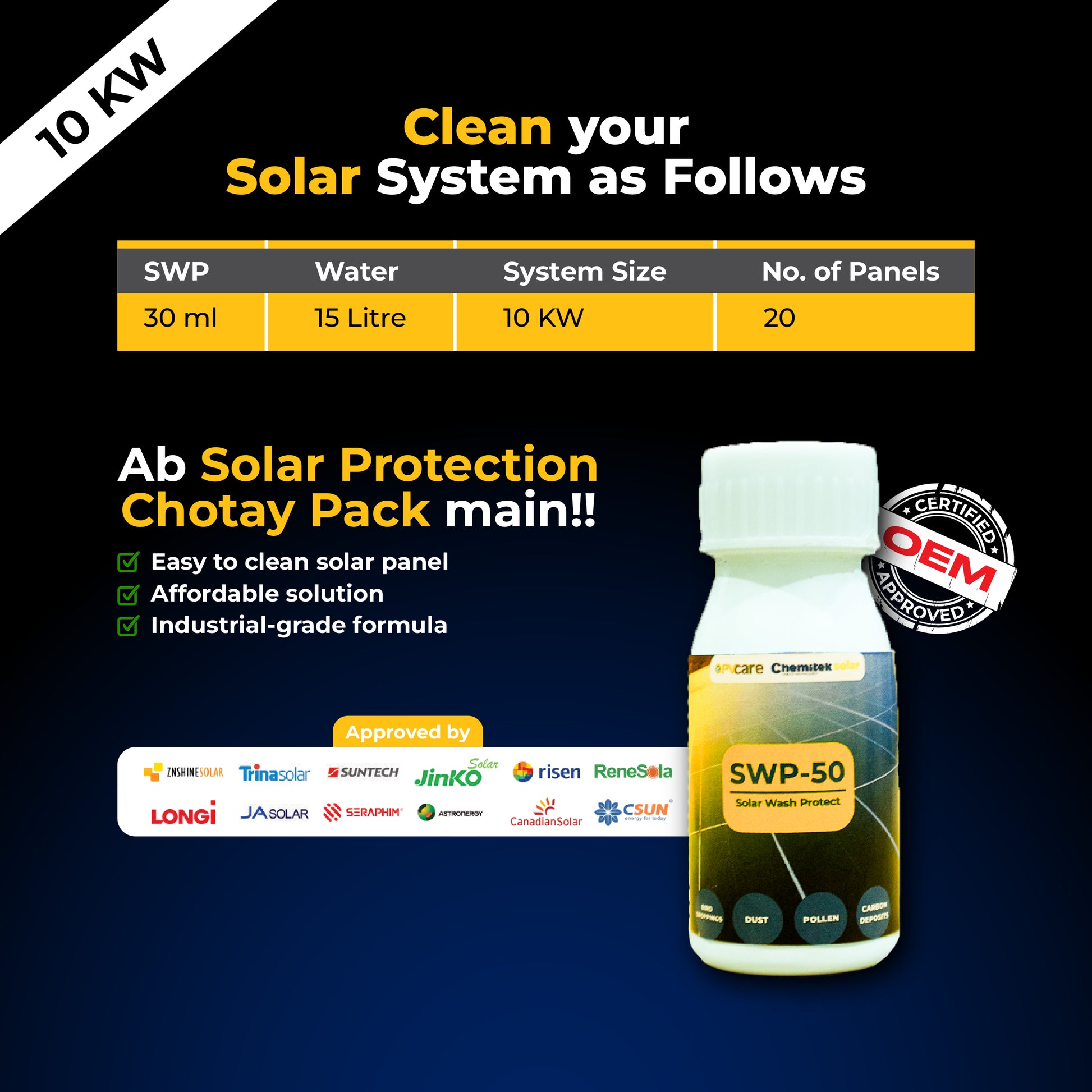 Solar panel cleaning solution bottle with product details and certification logos on a dark background