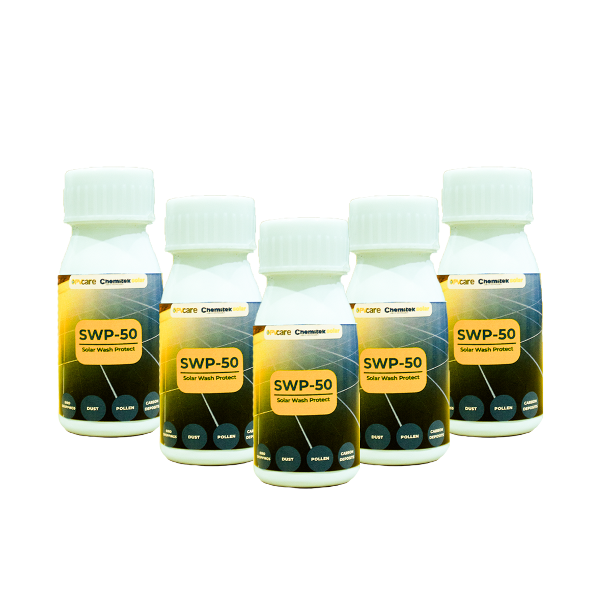 Five bottles of SWP-50 Solar Wash Protect on a white background