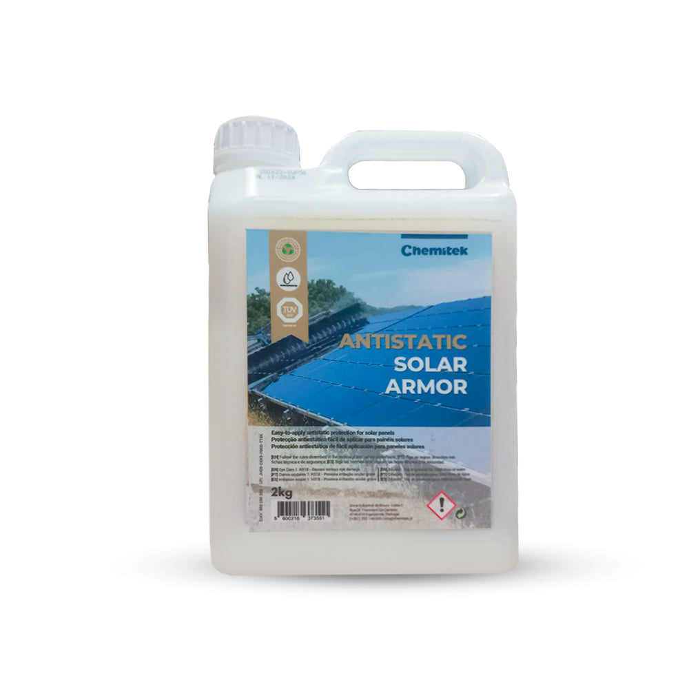 A white bottle with a label that reads 'Antistatic Solar Armor' with a background image of solar panels.
