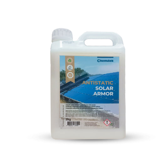 A white bottle with a label that reads 'Antistatic Solar Armor' with a background image of solar panels.