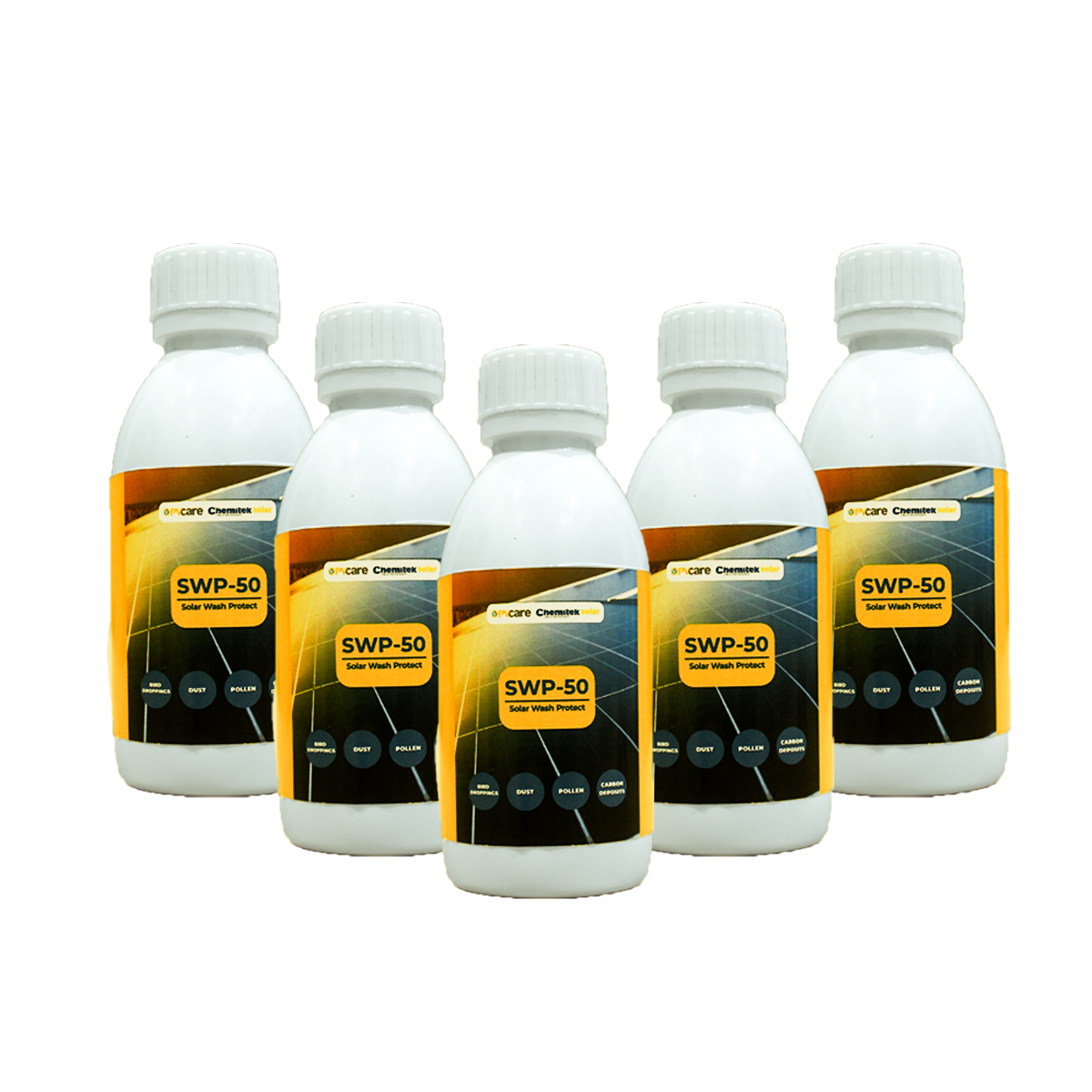Five bottles of SWP-50 chemical product on a white background
