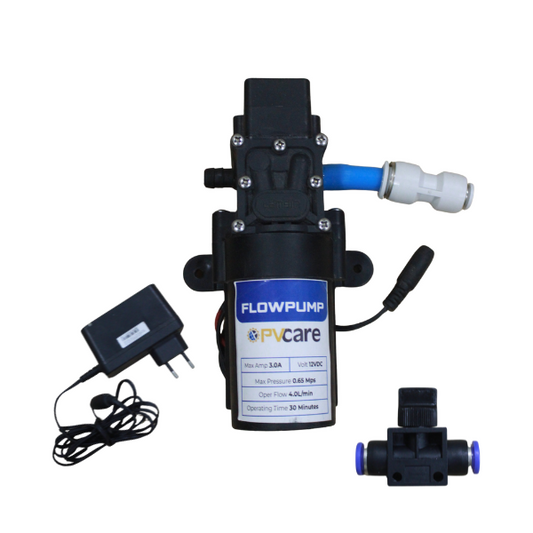 Flowpump with power adapter on a white background