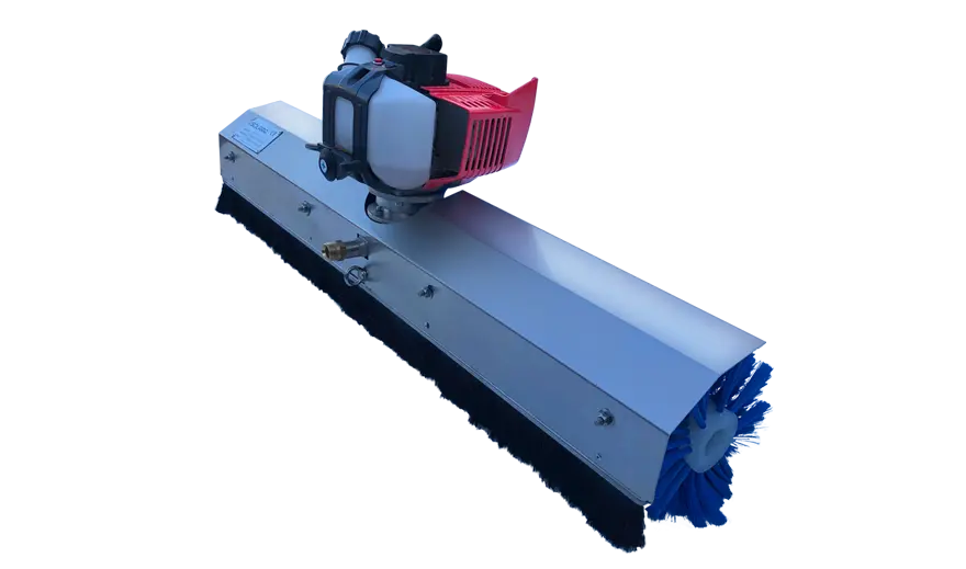 3D-rendered FK4 solar panel cleaning robot viewed from the side, showing its compact brush head positioned over solar panels and its tracked base prepared for roof or ground use