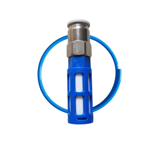 Blue plastic fitting with metal connector on a white background