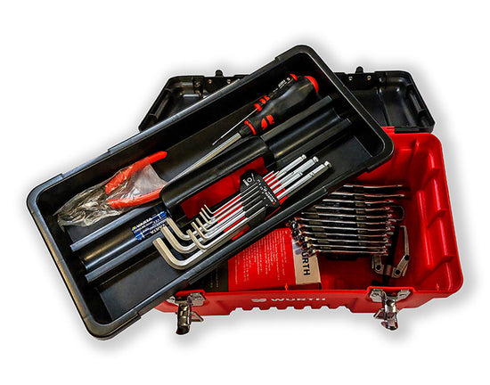 Red and black toolbox open, showing various tools inside including screws and small hand tools.