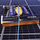 A solar panel cleaning robot from Fvcare, named SolarCleano F1, mounted on a solar panel system.